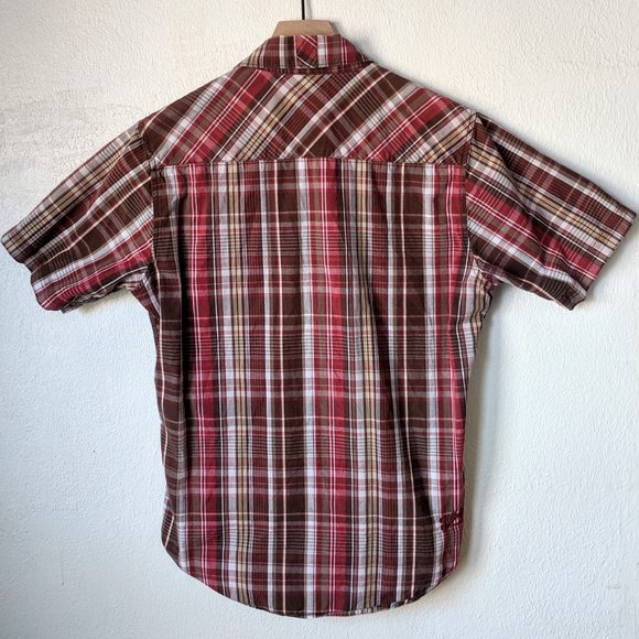 Billabong Red Brown Plaid Short Sleeve Buttondown - Picture 2 of 8
